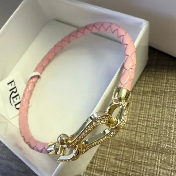 Pink Braided Leather Bracelet with Diamond-Encrusted Gold Clasp - Picture 6 of 8